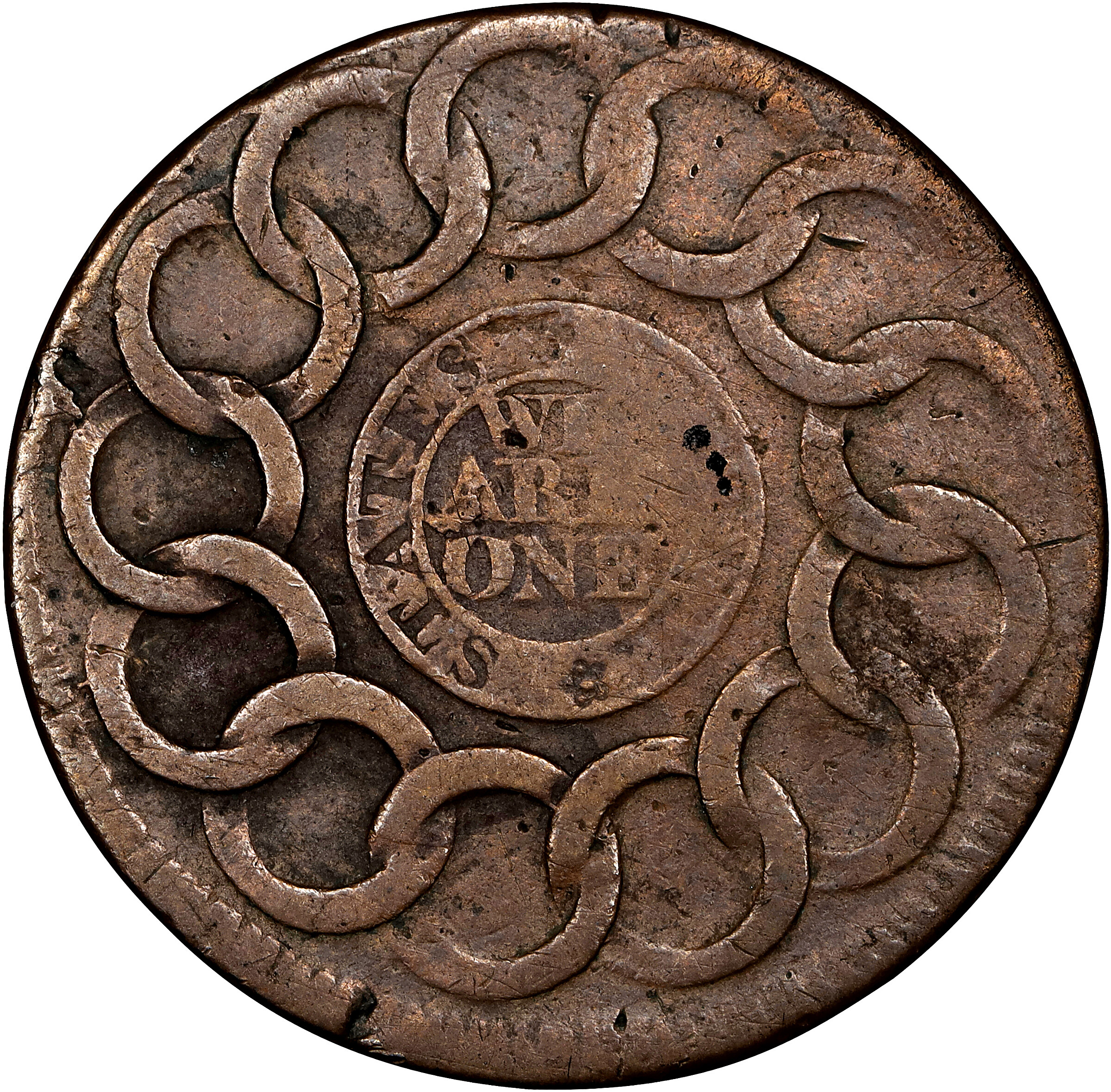1787 Fugio 1c Cinquefoils, Raised Rims MS BN F12 BN thumbnail 2