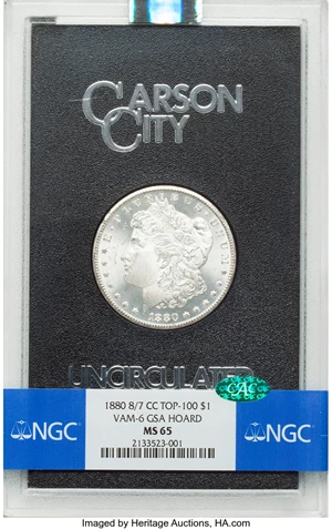 image for: 1880-CC $1 8 Over Low 7, VAM-6, GSA, MS65 NGC. CAC. A Top 100 Variety. Box and certificate included. NGC Census: (54/13). P...