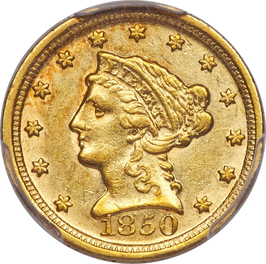 1850-D $2 1/2 AU55+ PCGS. CAC. Variety 13-N....