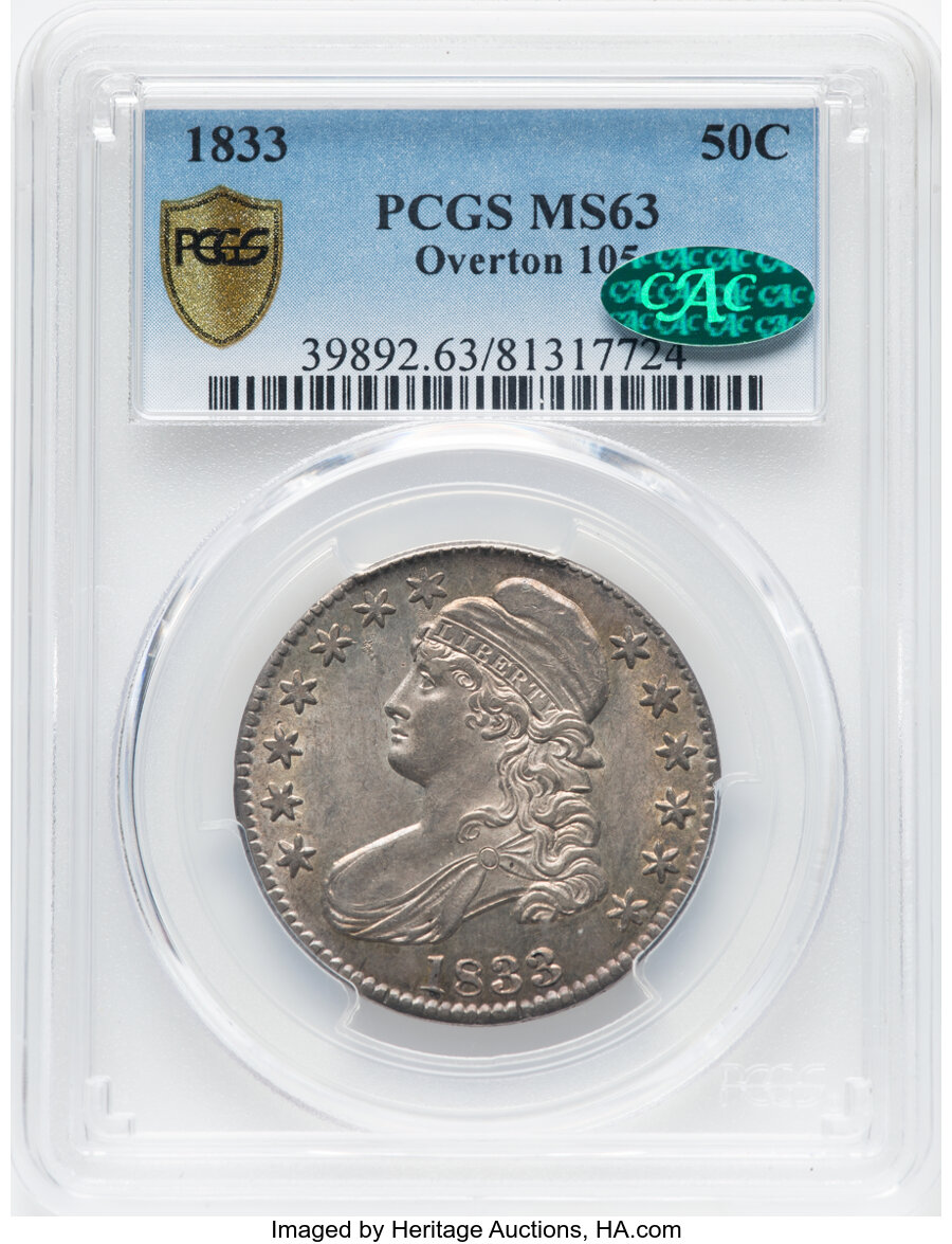 1833 50C O-105, R.1, MS63 PCGS. CAC. PCGS Population: (2/1 and 0/0+). NGC Census: (3/2 and 0/0+). CDN: $1,380 Whsle. Bid fo...