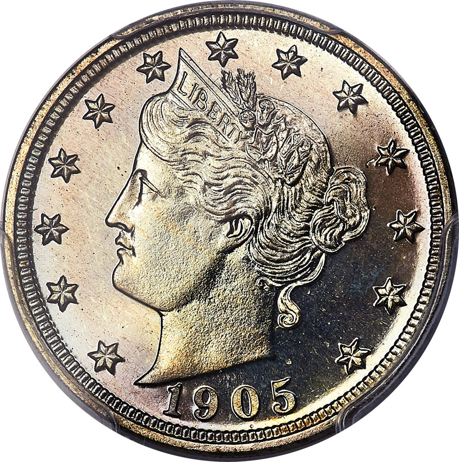 1905 5C PR67+ PCGS. CAC. PCGS Population: (24/4 and 14/0+). NGC Census: (28/4 and 0/0+). CDN: $1,089 Whsle. Bid for NGC/PCG...