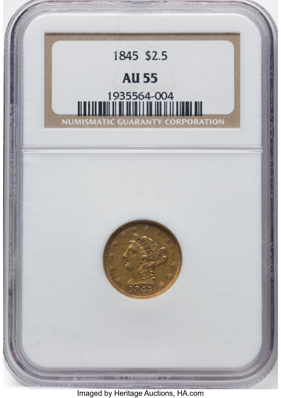 1845 $2 1/2 AU55 NGC. NGC Census: (55/144). PCGS Population: (20/56). CDN: $650 Whsle. Bid for NGC/PCGS AU55. Mintage 91,05...