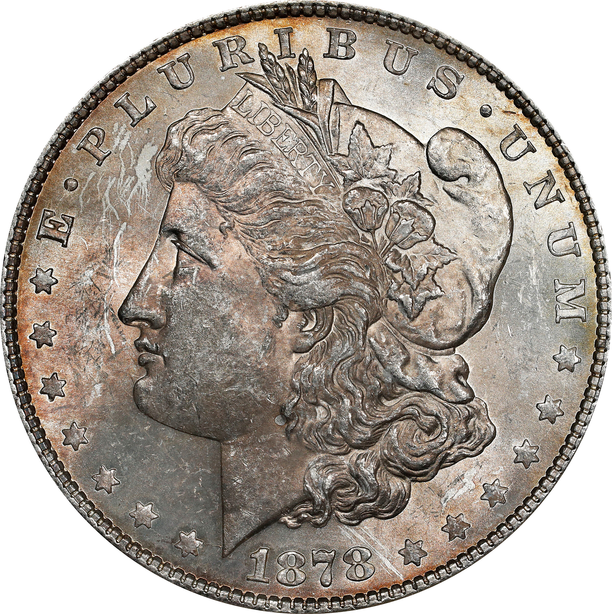 1878 Morgan Silver Dollar. 8 Tailfeathers. VAM-14.4. Hot 50 Variety. Concave Reverse. MS-62 (ANACS). OH.