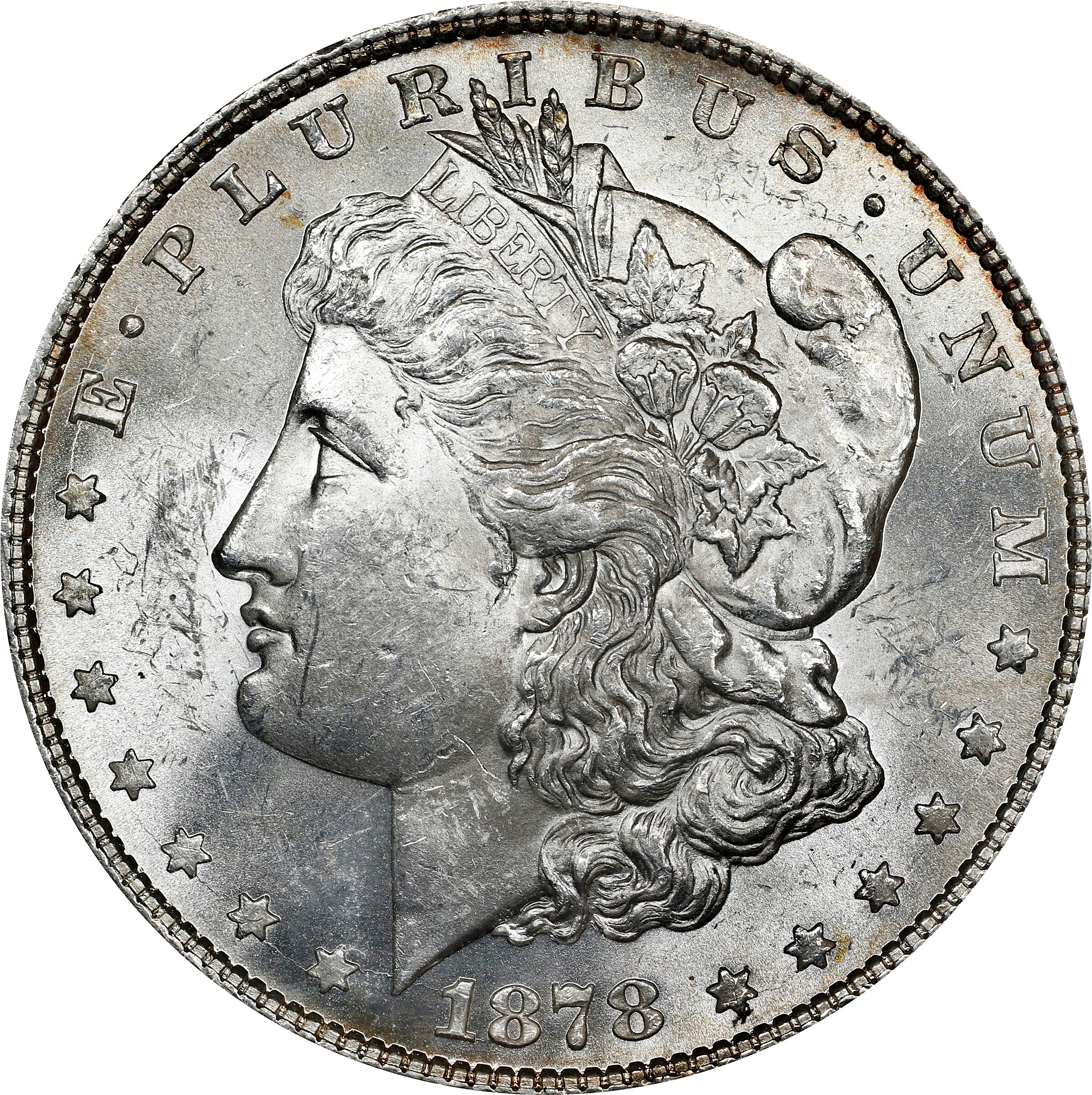 1878 Morgan Silver Dollar. 8 Tailfeathers. VAM-14.4. Hot 50 Variety. Concave Reverse. MS-62 (ANACS). OH.