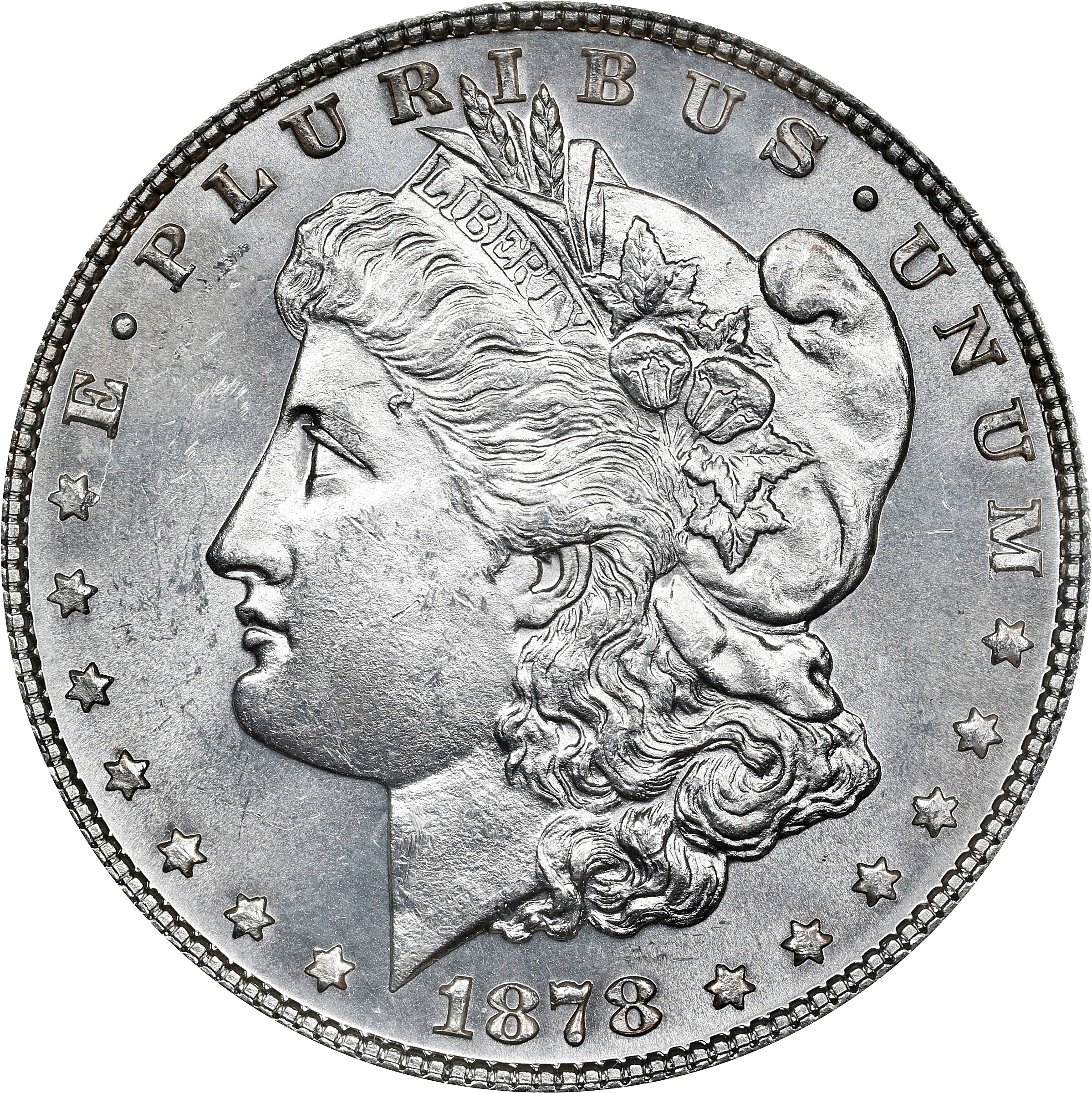 1878 Morgan Silver Dollar. 7 Tailfeathers. Reverse of 1878. VAM-31. Lines Thru Leg. MS-64 (ANACS). OH.