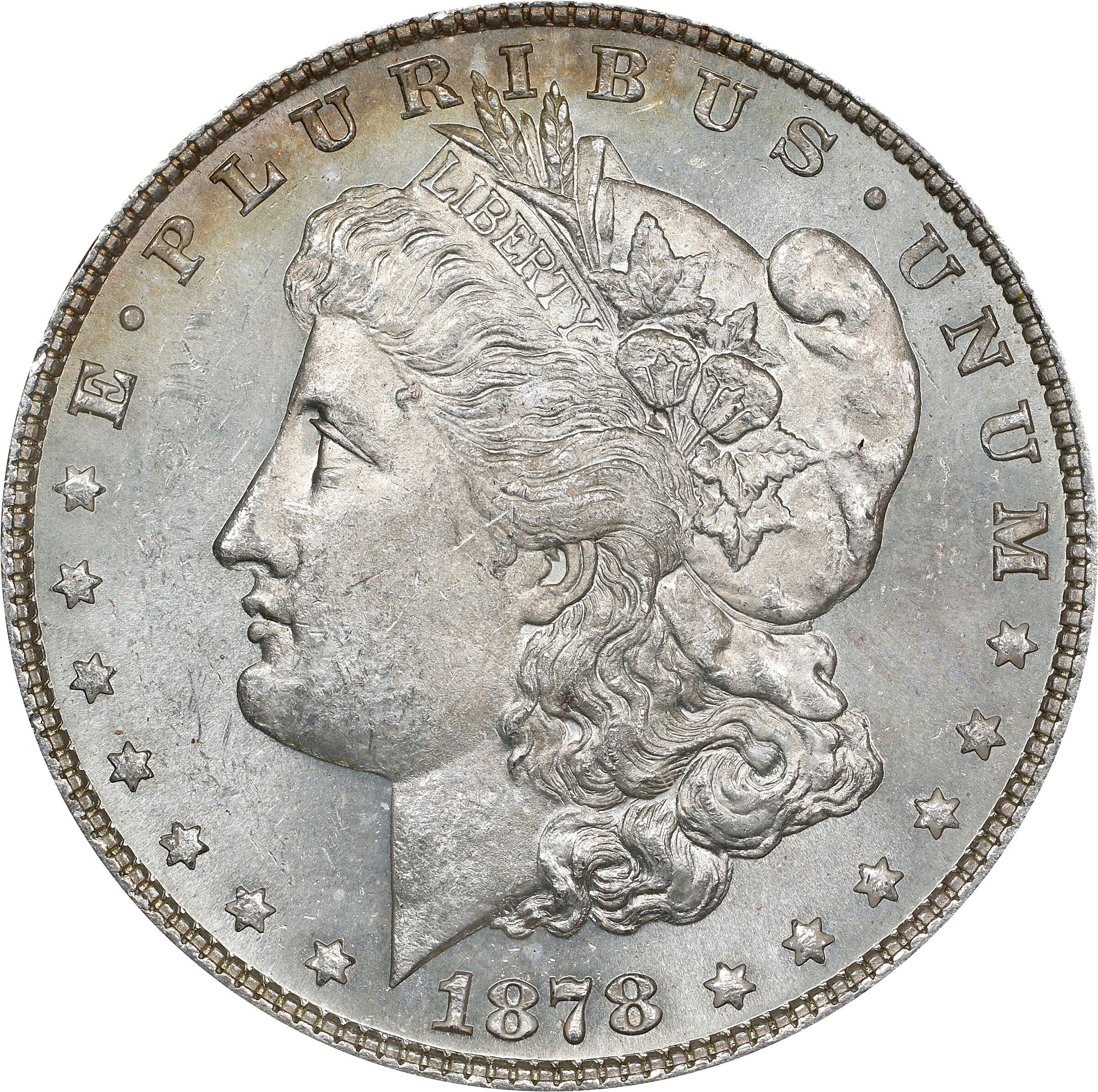 1878 Morgan Silver Dollar. 7 Tailfeathers. Reverse of 1878. VAM-79. Hot 50 Variety. Fill in 8s. MS-63 (ANACS). OH.