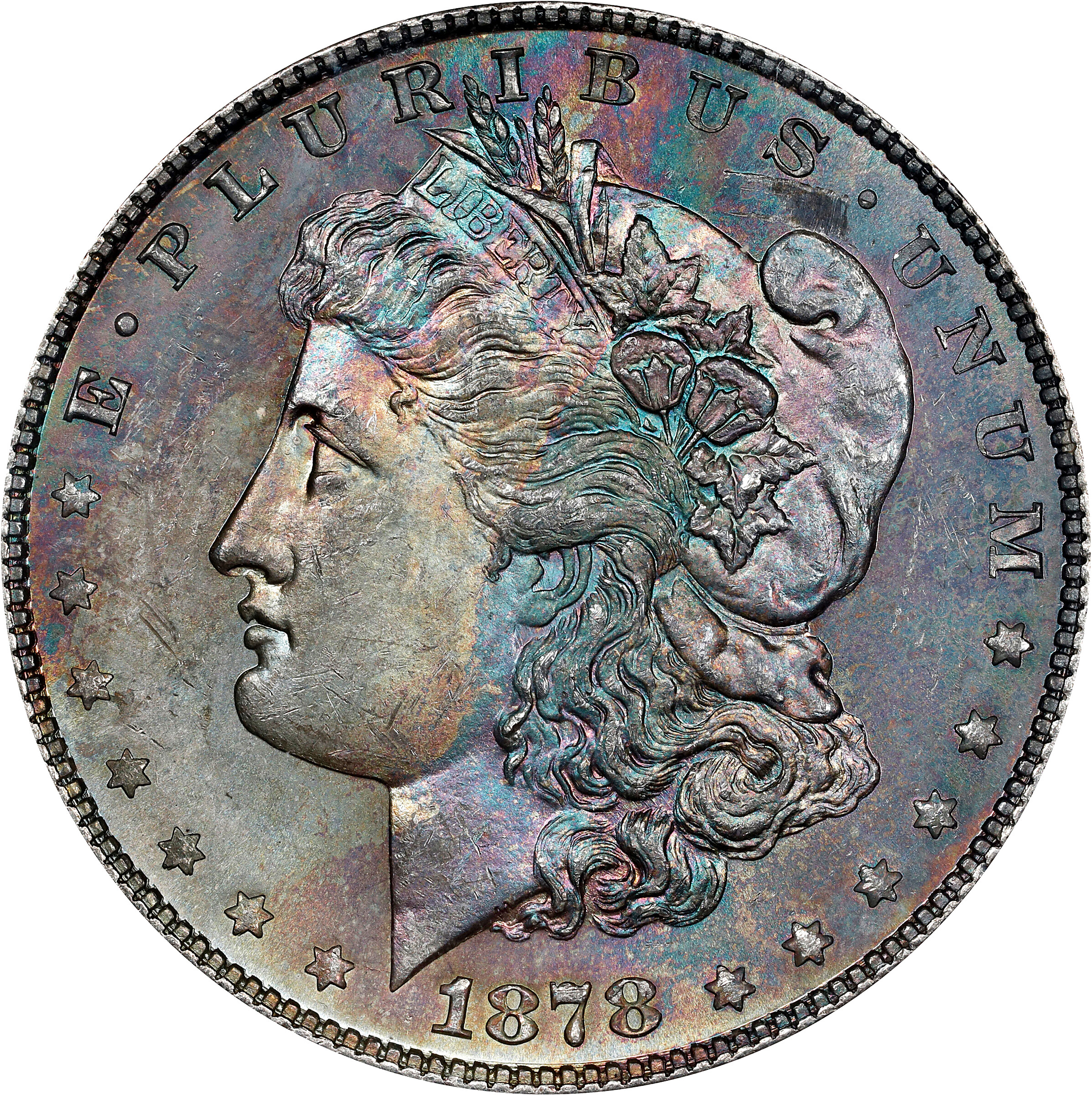 1878 Morgan Silver Dollar. 7 Tailfeathers. Reverse of 1878. VAM-80. Weak LIB. MS-63 (ANACS). OH.