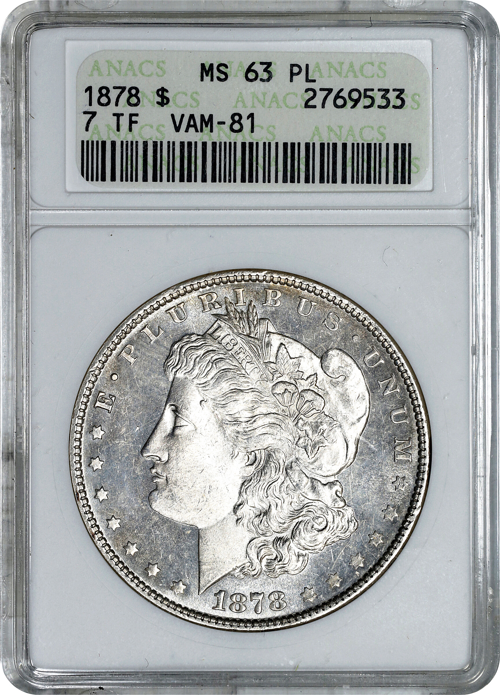 1878 7TF $1  Reverse of 1878, Polished Ear, VAM-81 MS PL MS61 PL thumbnail 4
