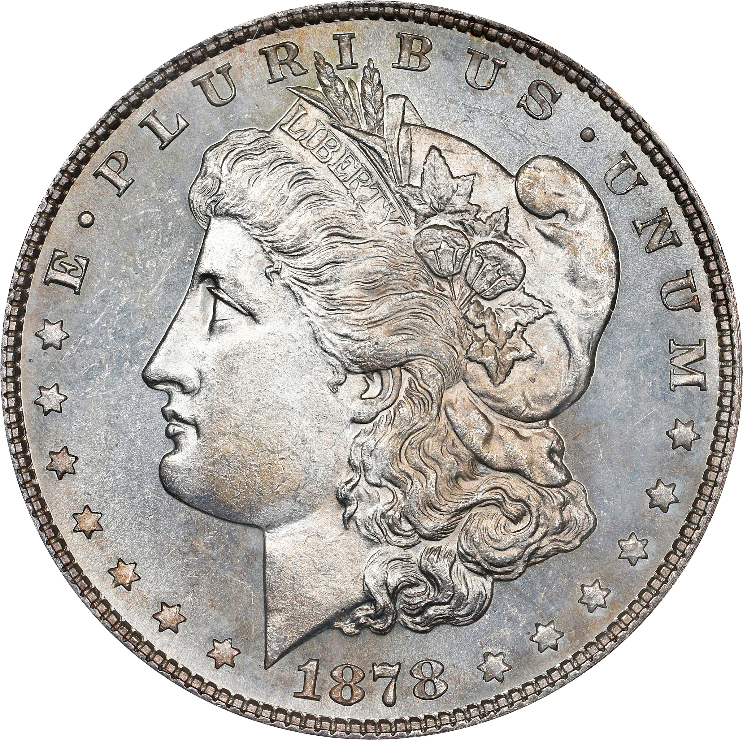 1878 Morgan Silver Dollar. 7 Tailfeathers. Reverse of 1878. VAM-82. Doubled Stars. MS-64 (ANACS). OH.