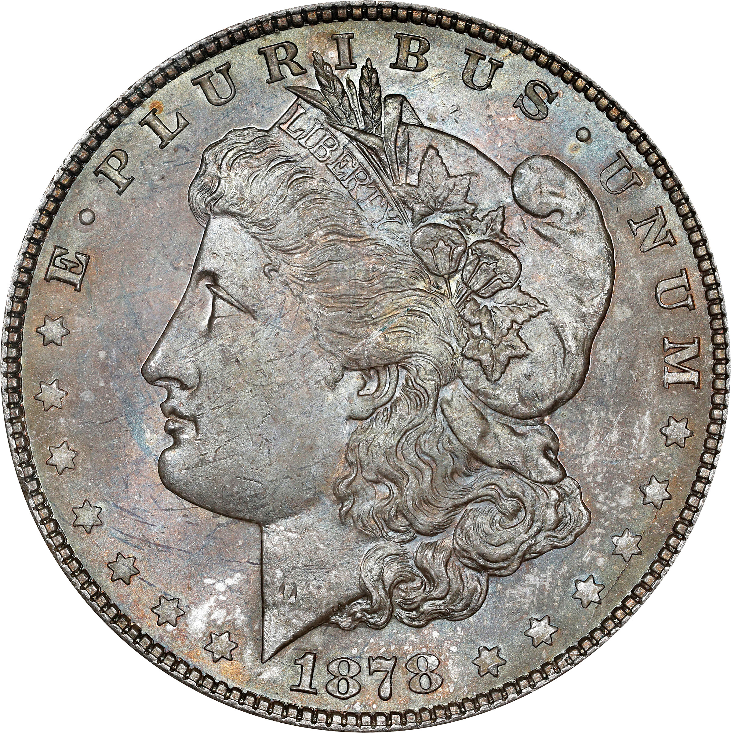 1878 Morgan Silver Dollar. 7 Tailfeathers. Reverse of 1878. VAM-82. Doubled Stars. MS-64 (ANACS). OH.