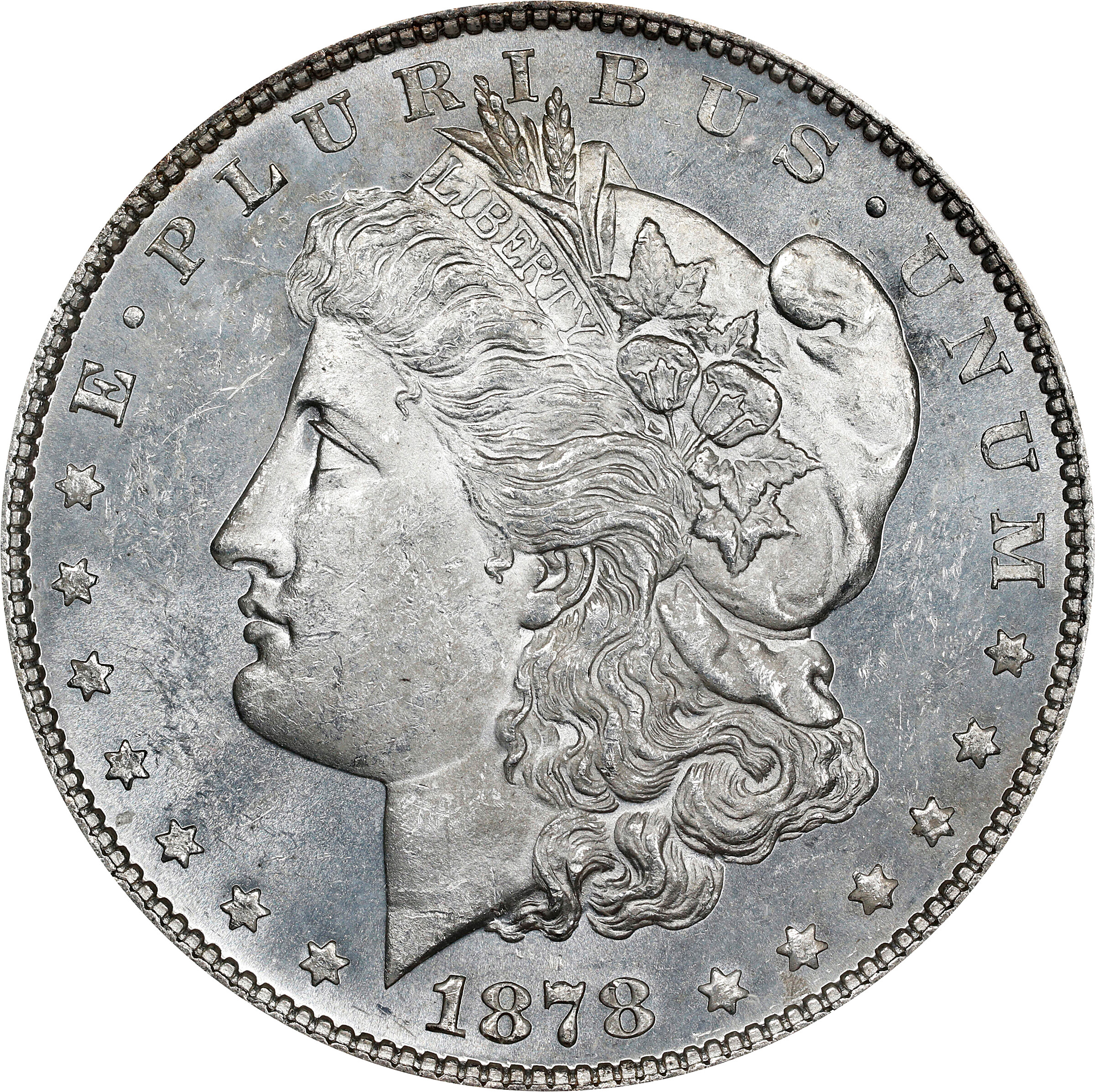 1878 Morgan Silver Dollar. 7 Tailfeathers. Reverse of 1878. VAM-132. MS-62 (ANACS). OH.
