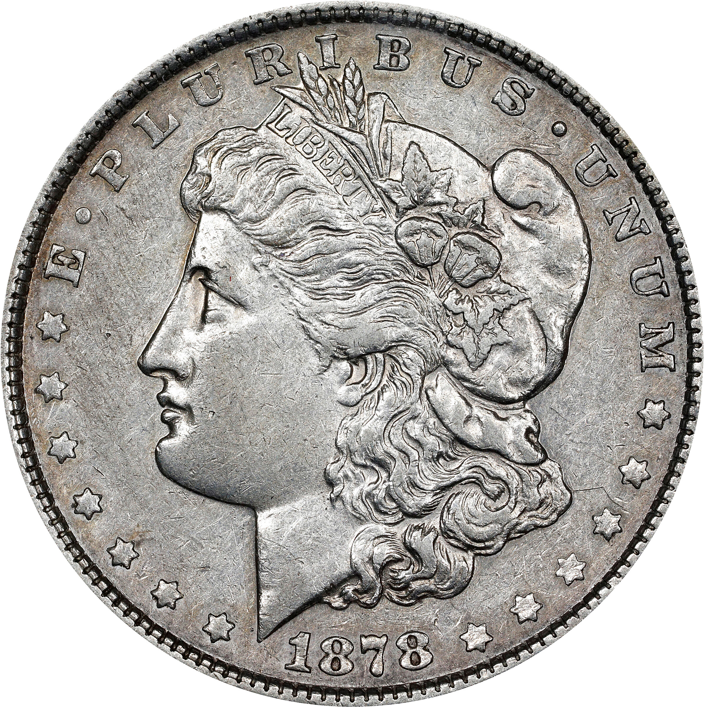 1878 Morgan Silver Dollar. 7 Tailfeathers. Reverse of 1878. VAM-167. AU-50 (ANACS). OH.