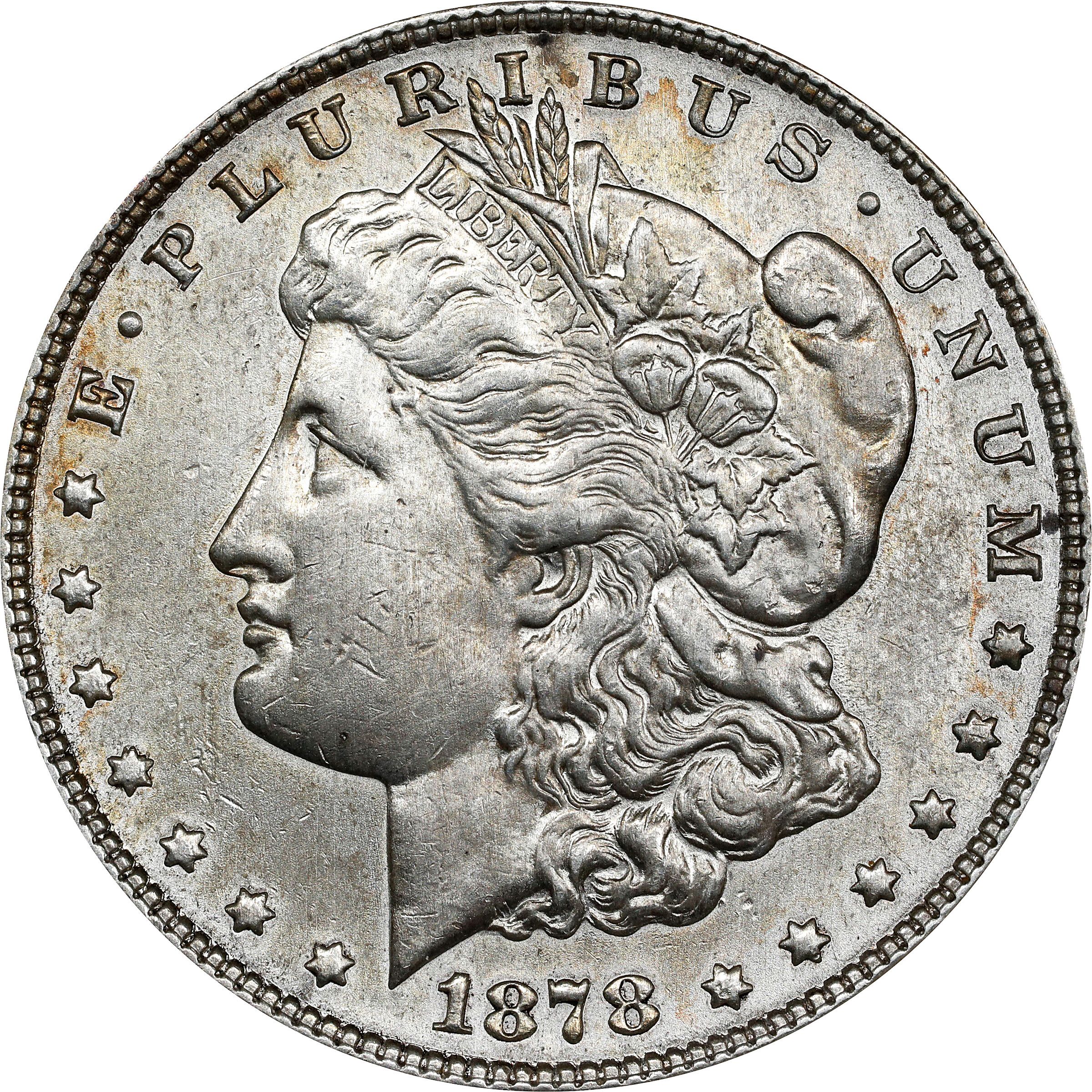 1878 Morgan Silver Dollar. 7 Tailfeathers. Reverse of 1878. VAM-168. Doubled P. Net EF-40 (ANACS). AU Details--Cleaned. OH.