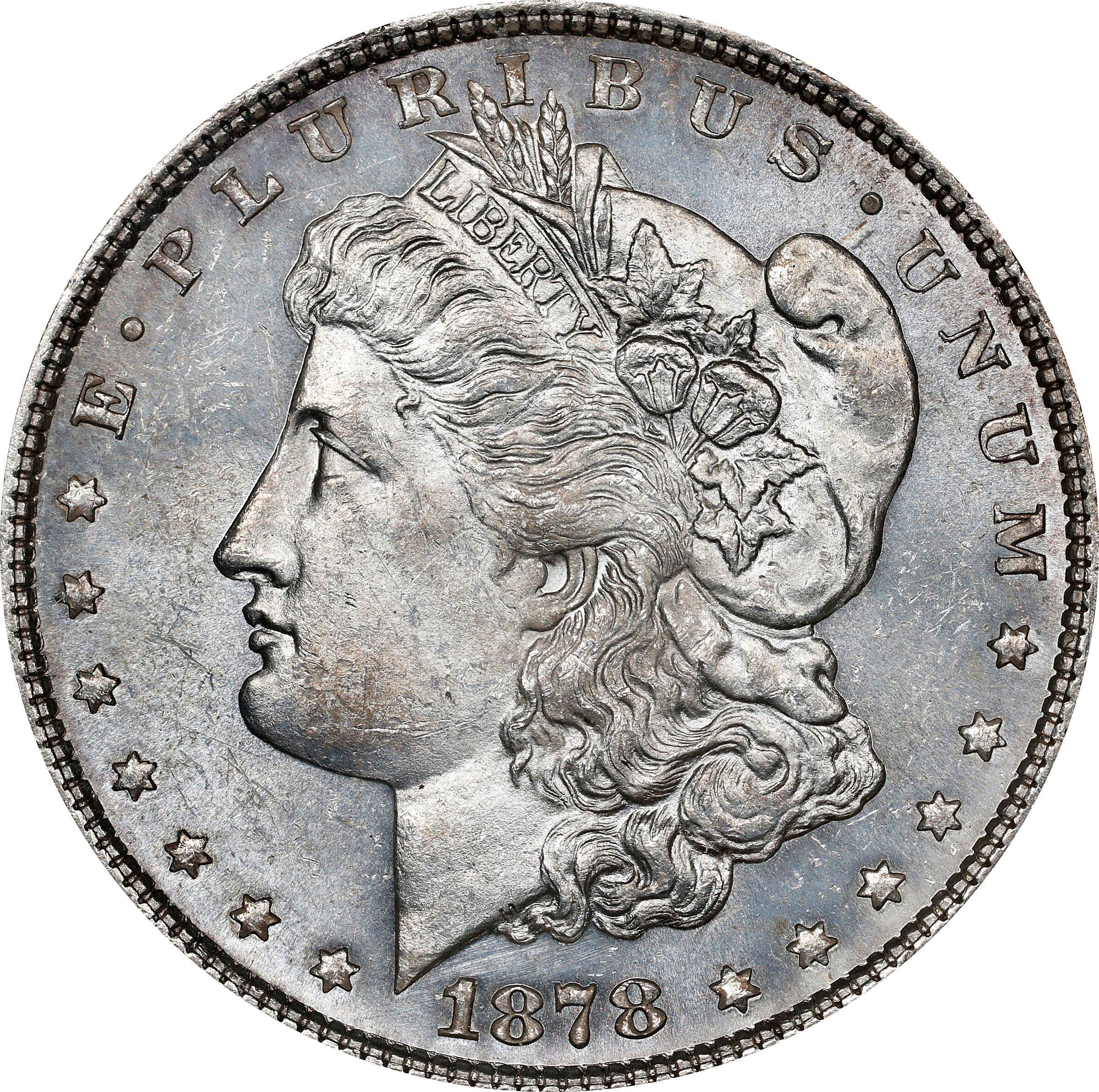 1878 Morgan Silver Dollar. 7 Tailfeathers. Reverse of 1879. VAM-200. MS-62 (ANACS). OH.