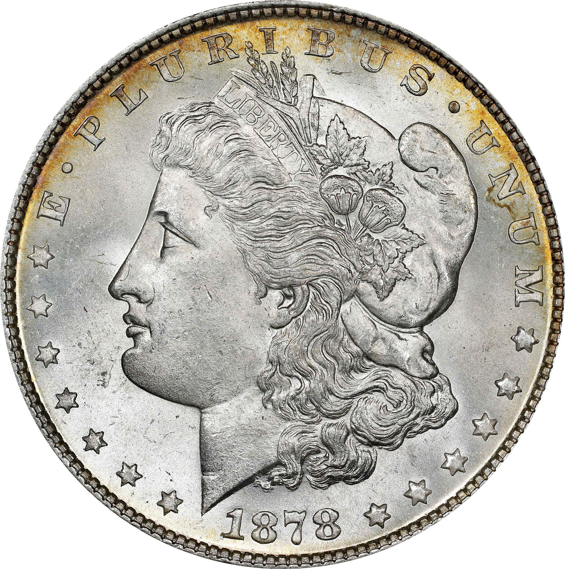 1878 Morgan Silver Dollar. 7 Tailfeathers. Reverse of 1879. VAM-203. Top 100 Variety. Short Leaf. MS-64 (ANACS). OH.