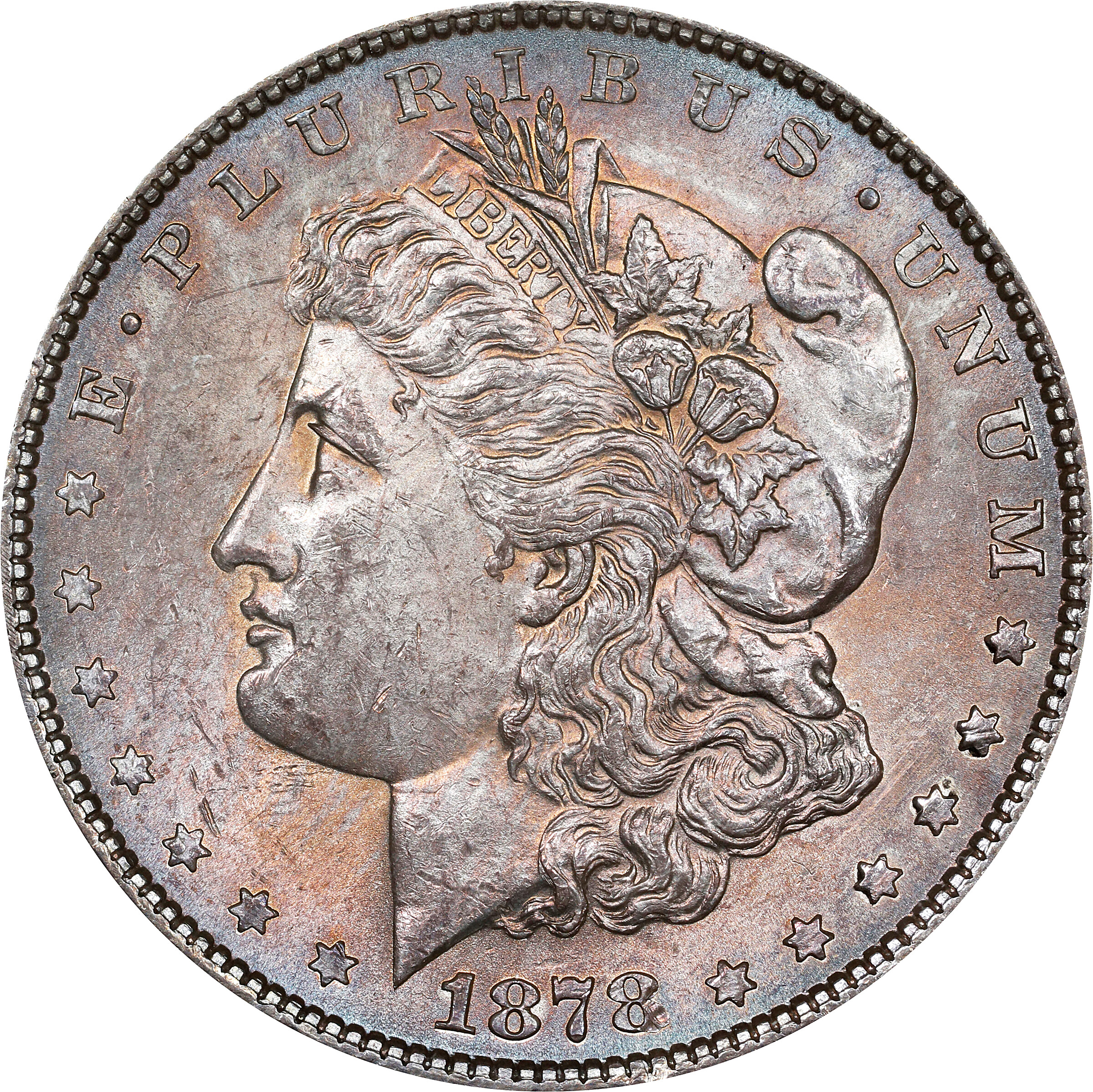 1878 Morgan Silver Dollar. 7 Tailfeathers. Reverse of 1879. VAM-223. Top 100 Variety. Washed Out L. MS-61 (ANACS). OH.
