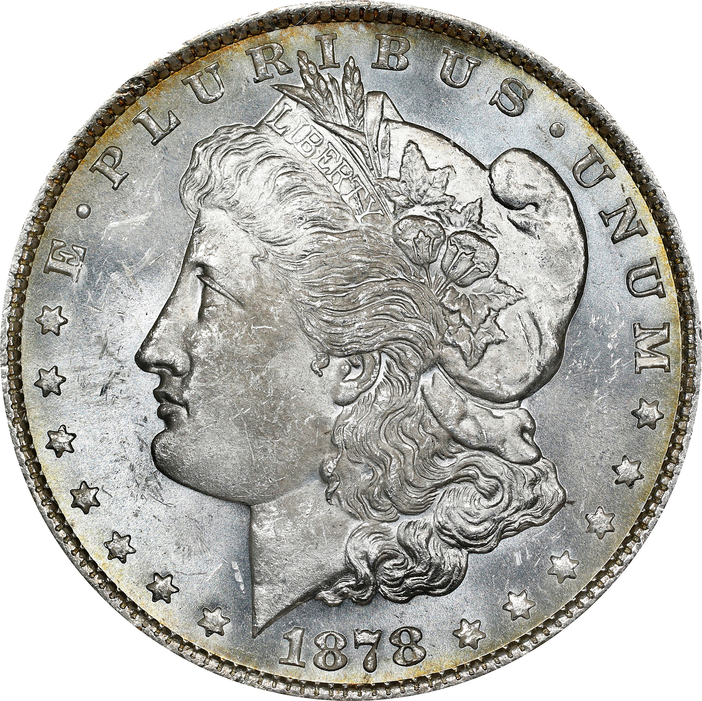1878 Morgan Silver Dollar. 7 Tailfeathers. Reverse of 1879. VAM-228A. MS-64 PL (ANACS). OH.