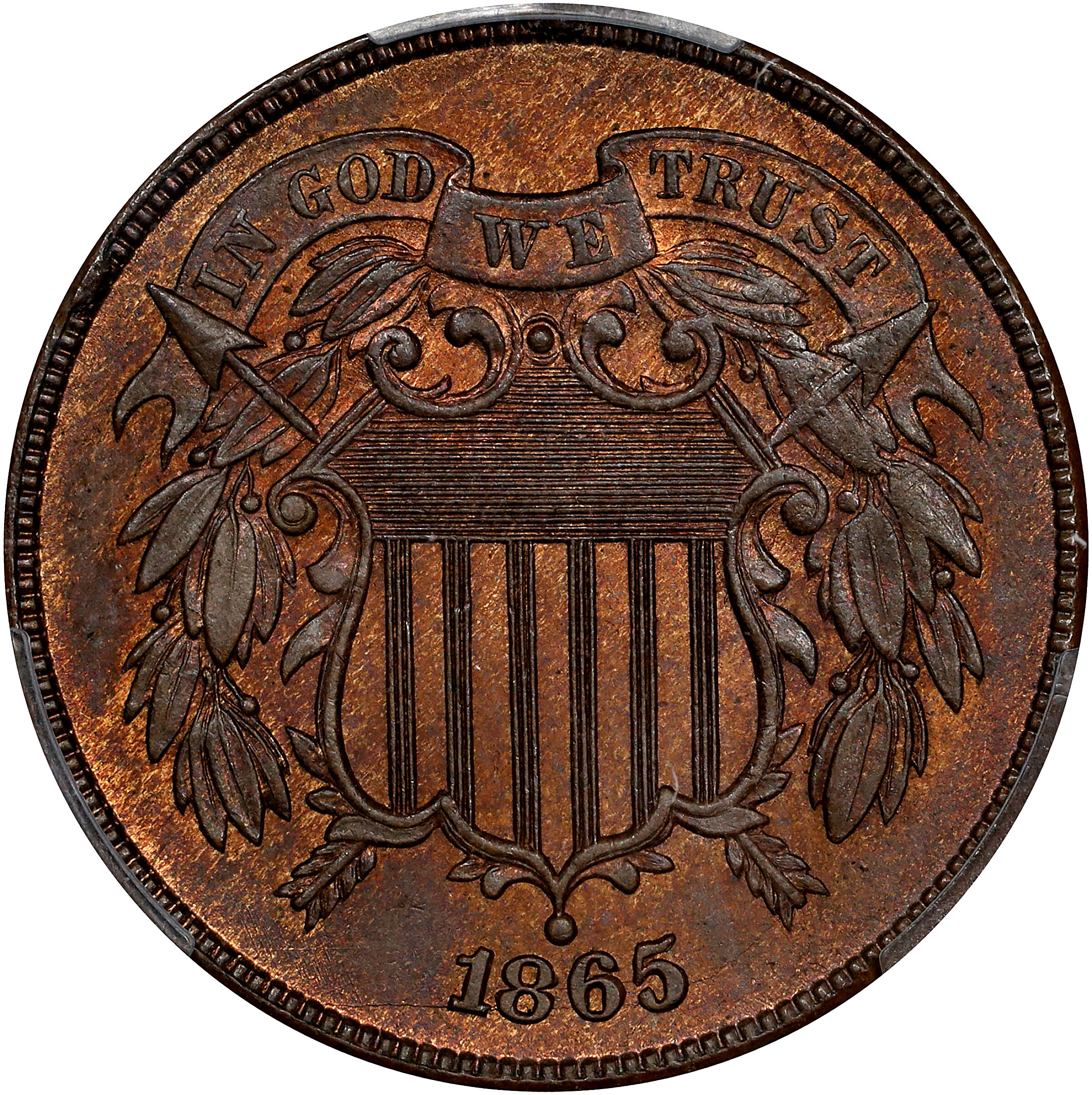 1865 Two-Cent Piece. Plain 5. MS-64 RB (PCGS).