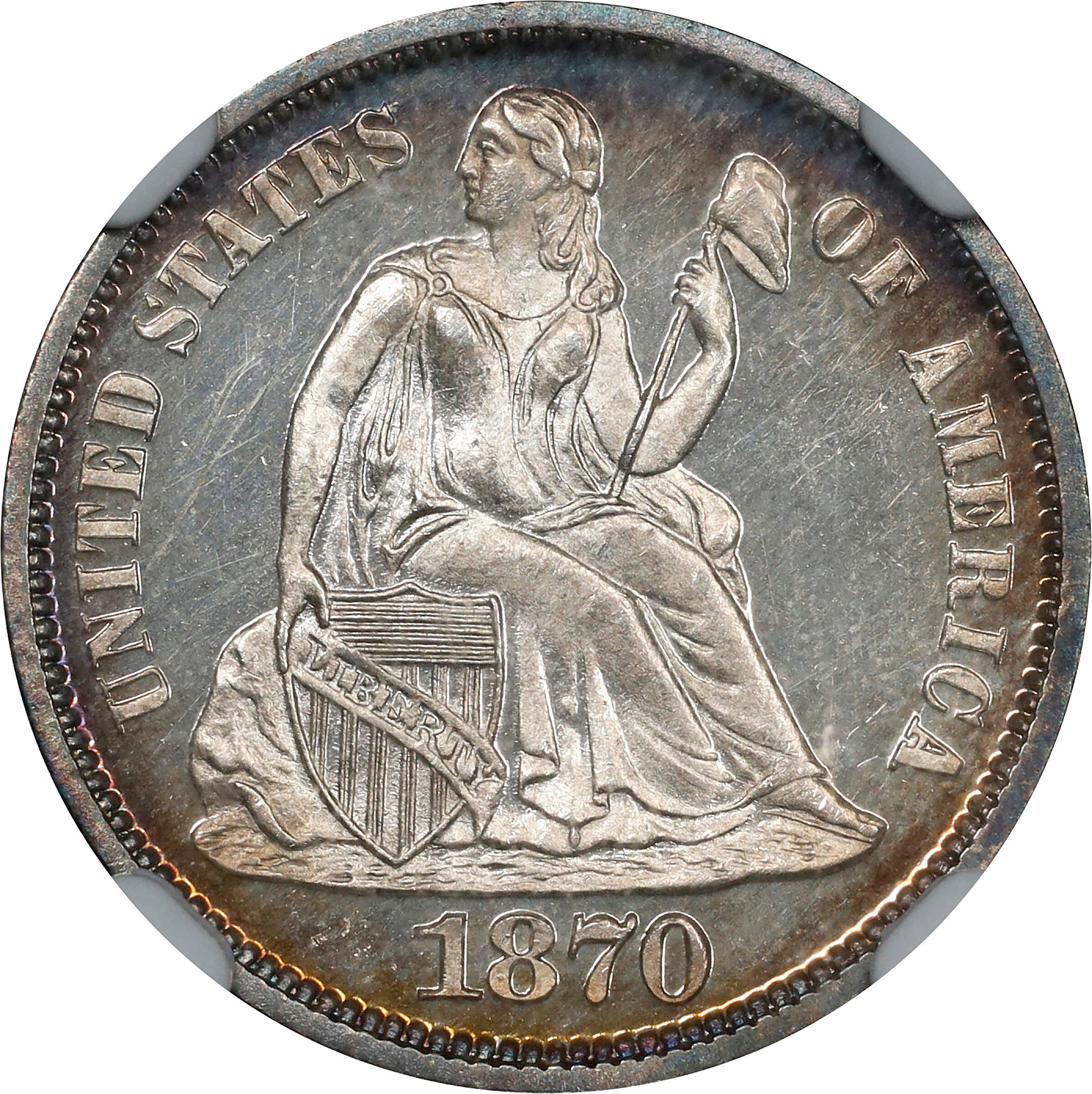 1870 Liberty Seated Dime. Proof-65 Cameo (NGC).
