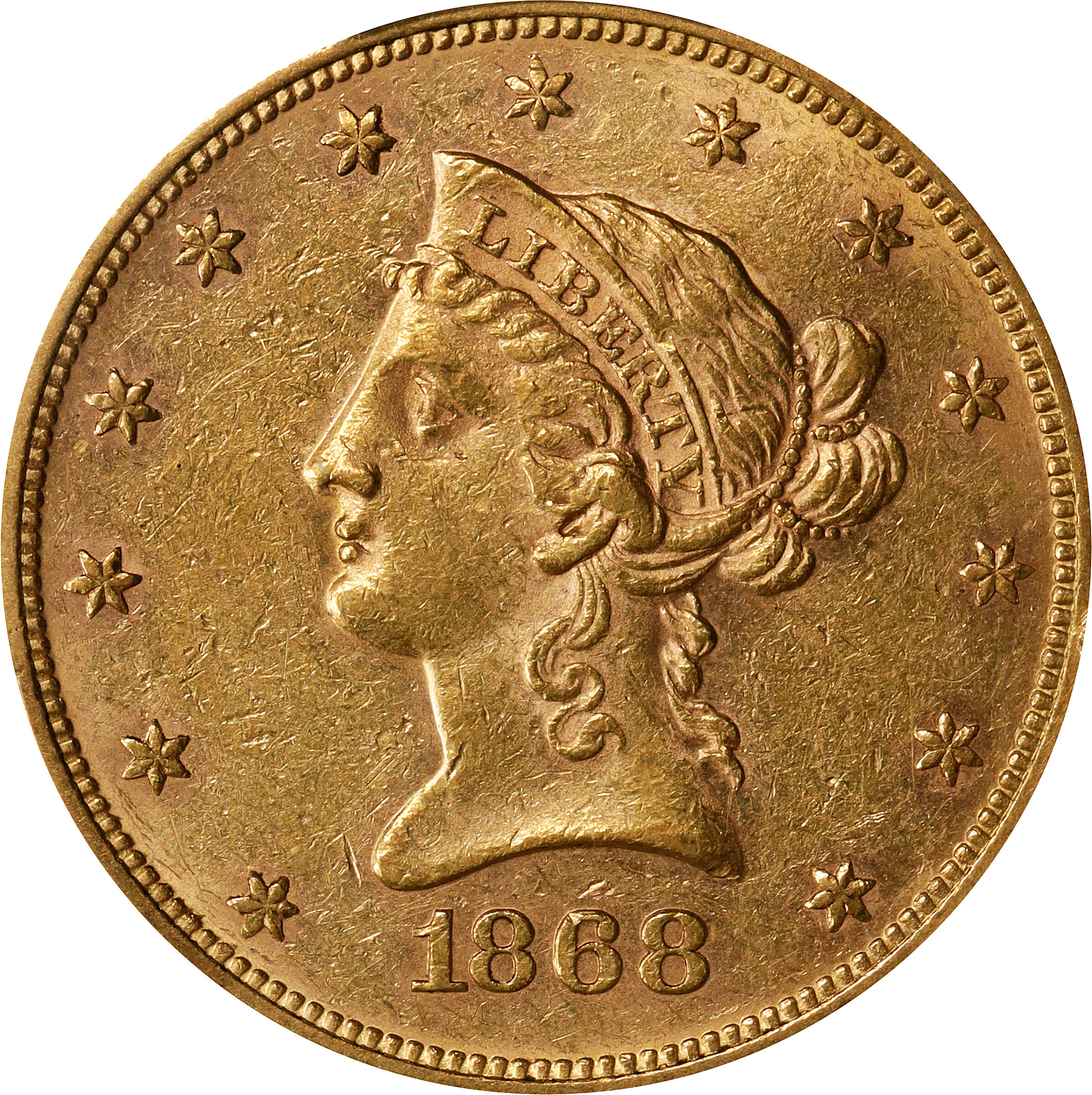 1868 Liberty Head Eagle. AU-53 (PCGS).