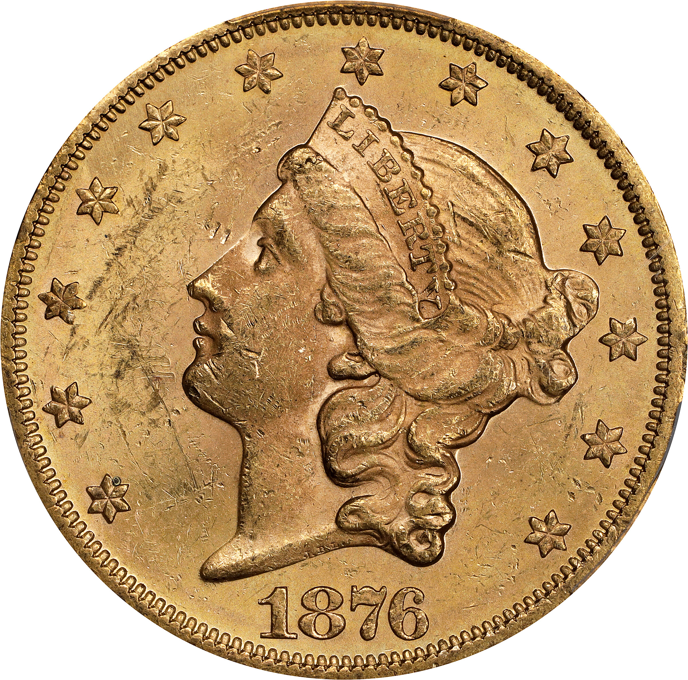 1876 Liberty Head Double Eagle. Unc Details--Cleaned (PCGS).