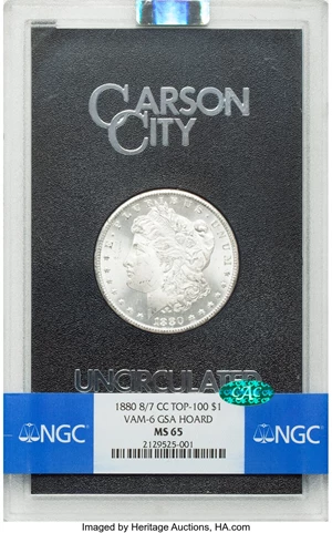image for: 1880-CC $1 8 Over Low 7, VAM-6, GSA, MS65 NGC. CAC. A Top 100 Variety. NGC Census: (54/13). PCGS Population: (9/4). CDN: $1...