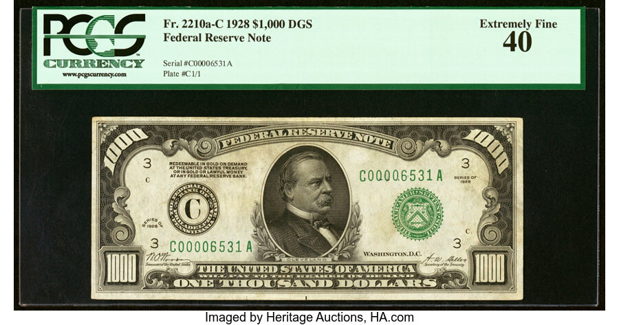 Fr. 2210-C $1,000 1928 Dark Green Seal Federal Reserve Note. PCGS Extremely Fine 40....