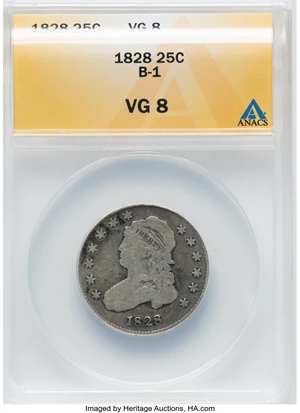 image for: 1828 25C B-1, R.1, VG8 ANACS. Mintage 102,000. ...
