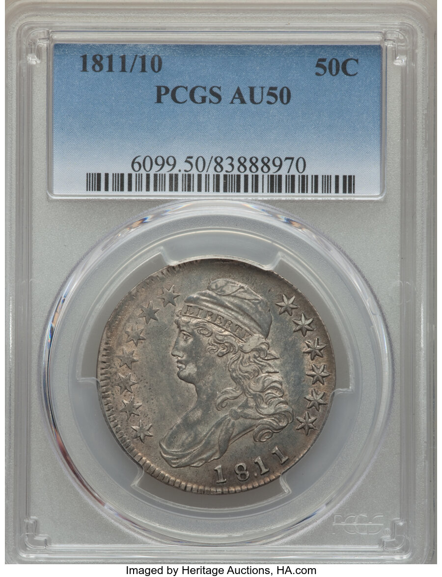 1811/10 50C O-101, R.1, AU50 PCGS. PCGS Population: (5/15). NGC Census: (2/22). CDN: $1,100 Whsle. Bid for NGC/PCGS AU50. M...