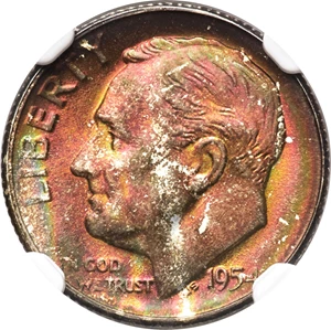 image for: 1954-S 10C MS68 Full Bands NGC. NGC Census: (3/0). PCGS Population: (5/0). CDN: $4,500 Whsle. Bid for NGC/PCGS MS68. Mintag...