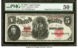 image for: Fr. 91* $5 1907 Legal Tender Star PMG About Uncirculated 50 EPQ....
