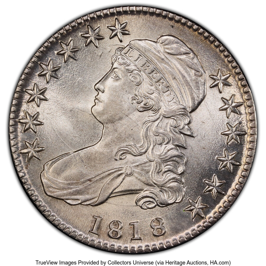 1818 50C O-108, R.2, MS64 PCGS. Normal Edge Lettering. A brilliant and frosty near-Gem example of the "Pincer 8s" variety. ...