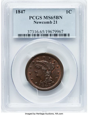 image for: 1847 1C N-21, N-40, R.1, MS65 Brown PCGS. PCGS Population: (2/0). NGC Census: (1/0). MS65. Mintage 6,183,669. ...