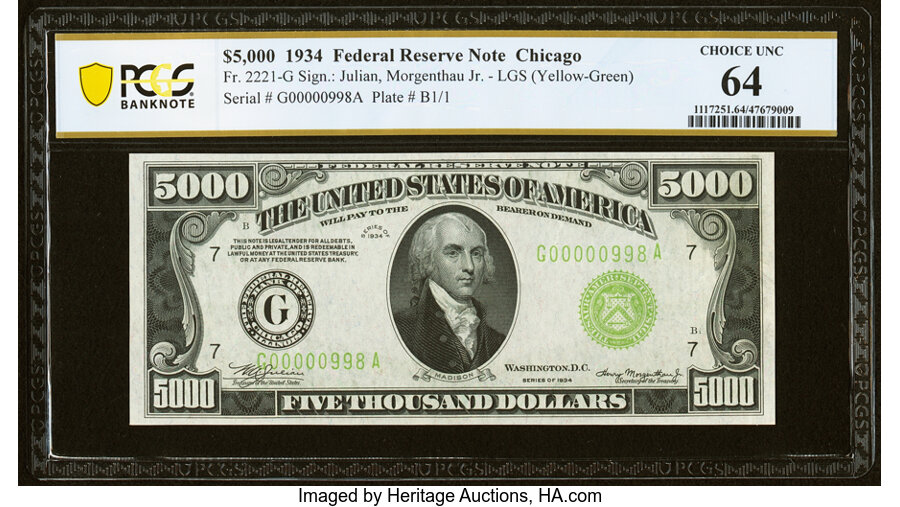 Fr. 2221-G $5,000 1934 Federal Reserve Note. PCGS Banknote Choice Unc 64....