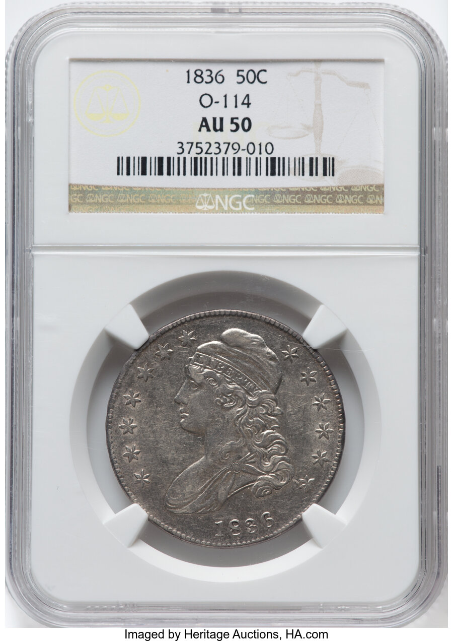 1836 50C Lettered Edge, O-114, R.2, AU50 NGC. NGC Census: (3/12). PCGS Population: (1/13). CDN: $255 Whsle. Bid for NGC/PCG...