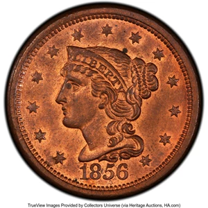 image for: 1856 1C Slanted 5, N-14, R.1, MS64 Red and Brown PCGS. PCGS Population: (6/1). NGC Census: (2/7). MS64. ...
