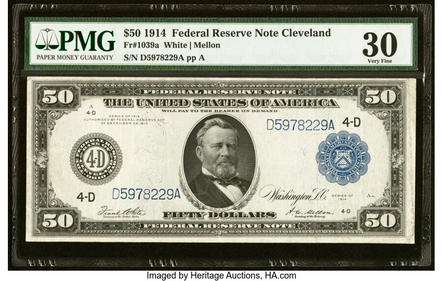 Fr. 1039a $50 1914 Federal Reserve Note PMG Very Fine 30....
