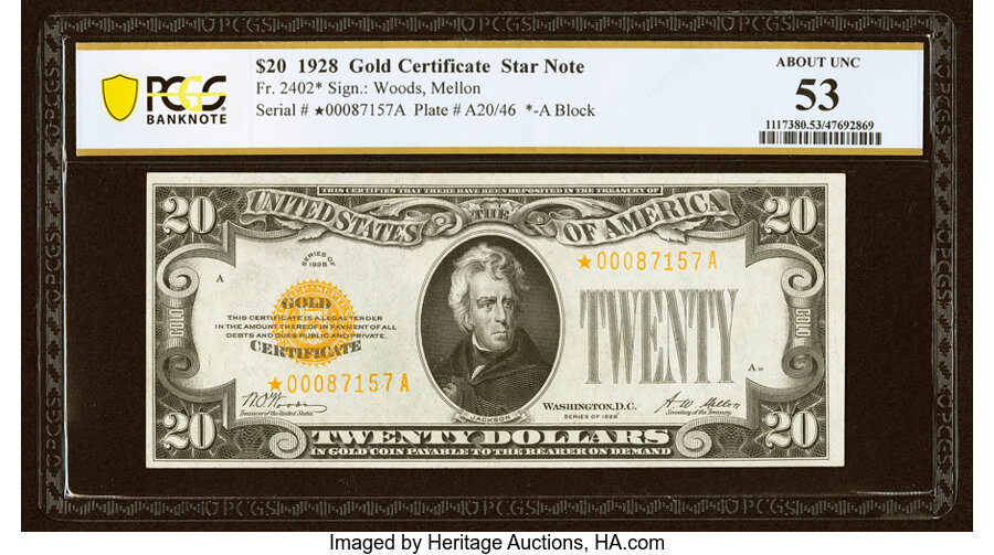 Fr. 2402* $20 1928 Gold Certificate Star. PCGS Banknote About Unc 53....