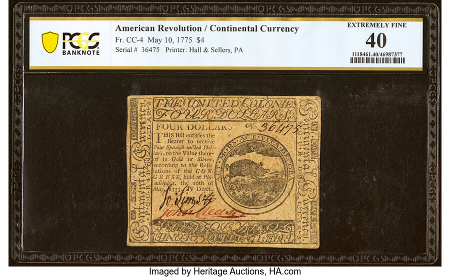 Continental Currency May 10, 1775 $4 PCGS Banknote Extremely Fine 40....