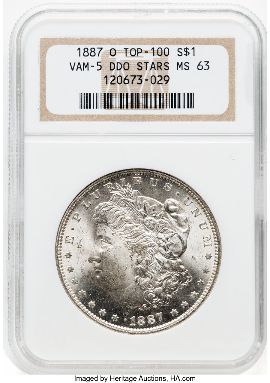 1887-O $1 VAM-5, Doubled Stars MS63 NGC. A Top -100 . NGC Census: (157/40). PCGS Population: (8/13). CDN: $275 Whsle. Bid f...