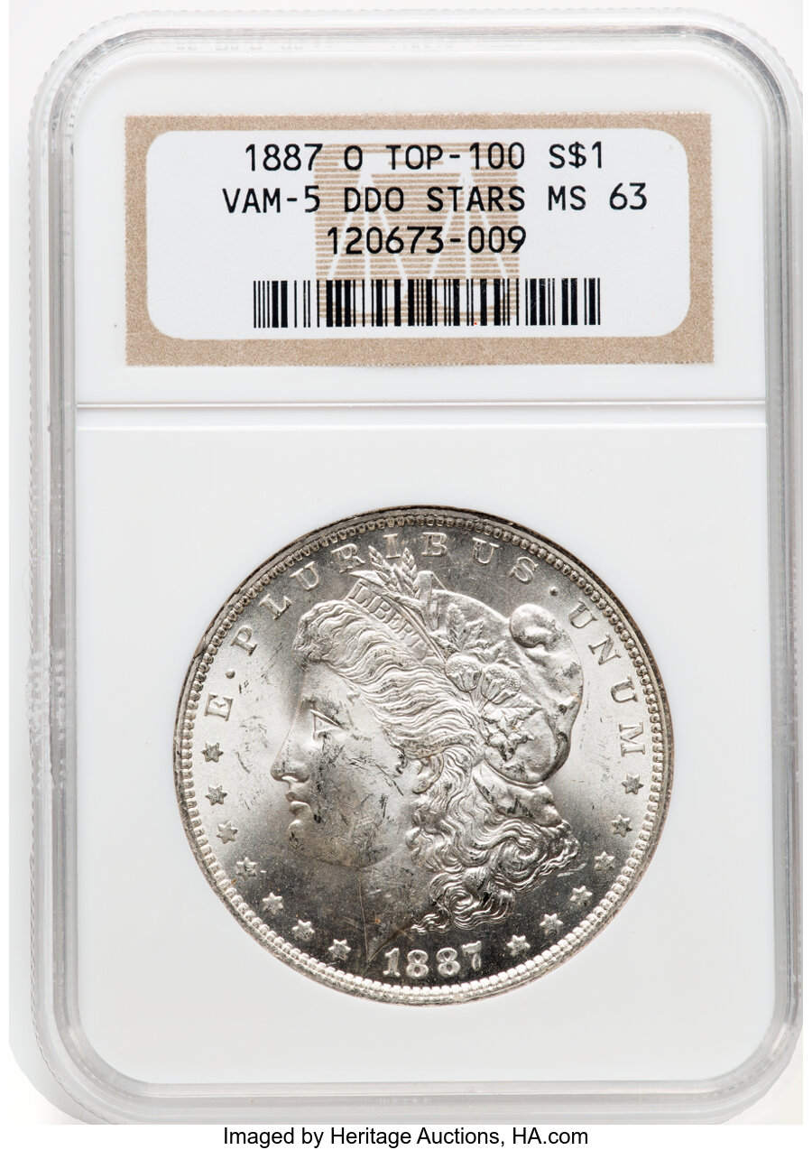 1887-O $1 VAM-5, Doubled Stars MS63 NGC. Top-100. NGC Census: (157/40). PCGS Population: (8/13). CDN: $275 Whsle. Bid for N...