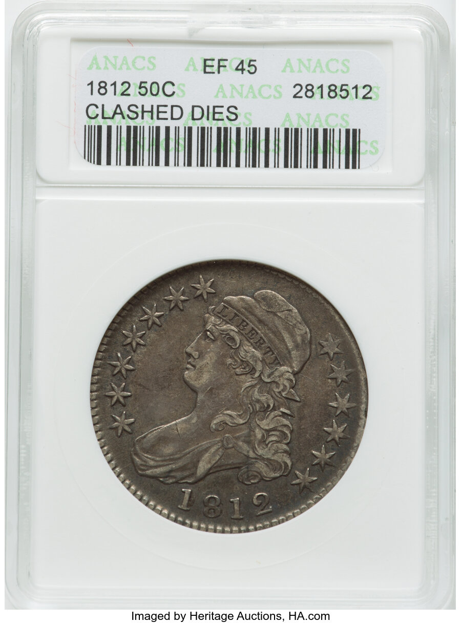 1812 50C Large 8, O-107, R.2 -- Clashed Dies -- XF45 ANACS. Mintage 1,628,059....
