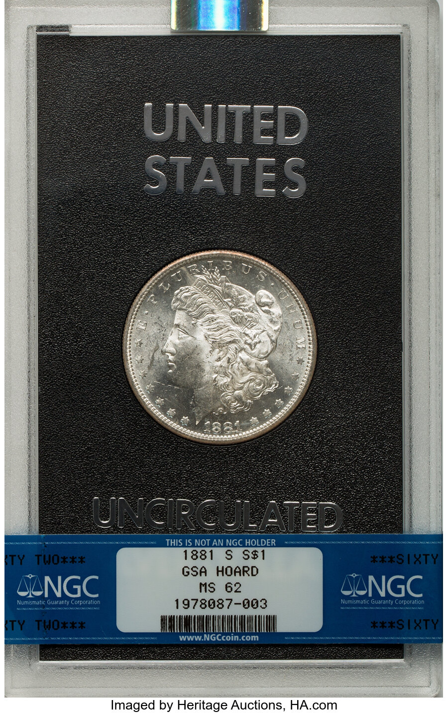 1881-S $1 GSA MS62 NGC. Includes GSA box. NGC Census: (11/152). PCGS Population: (1/9). CDN: $300 Whsle. Bid for NGC/PCGS M...