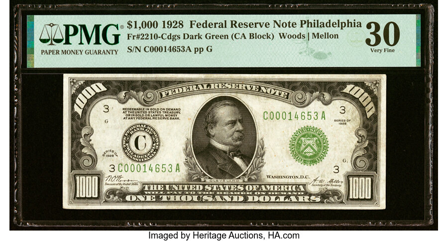 Fr. 2210-C $1,000 1928 Federal Reserve Note. PMG Very Fine 30....