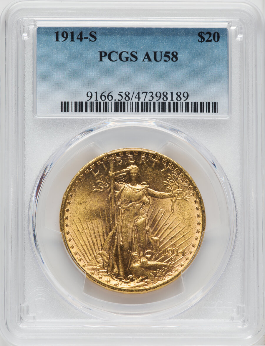 1914-S $20 AU58 PCGS. PCGS Population: (487/23037). NGC Census: (184/22617). CDN: $1,940 Whsle. Bid for NGC/PCGS AU58. Mint...