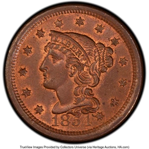 image for: 1854 1C N-2 MS64 Red and Brown PCGS. PCGS Population: (2/2). NGC Census: (0/0). MS64. Mintage 4,236,156. ...