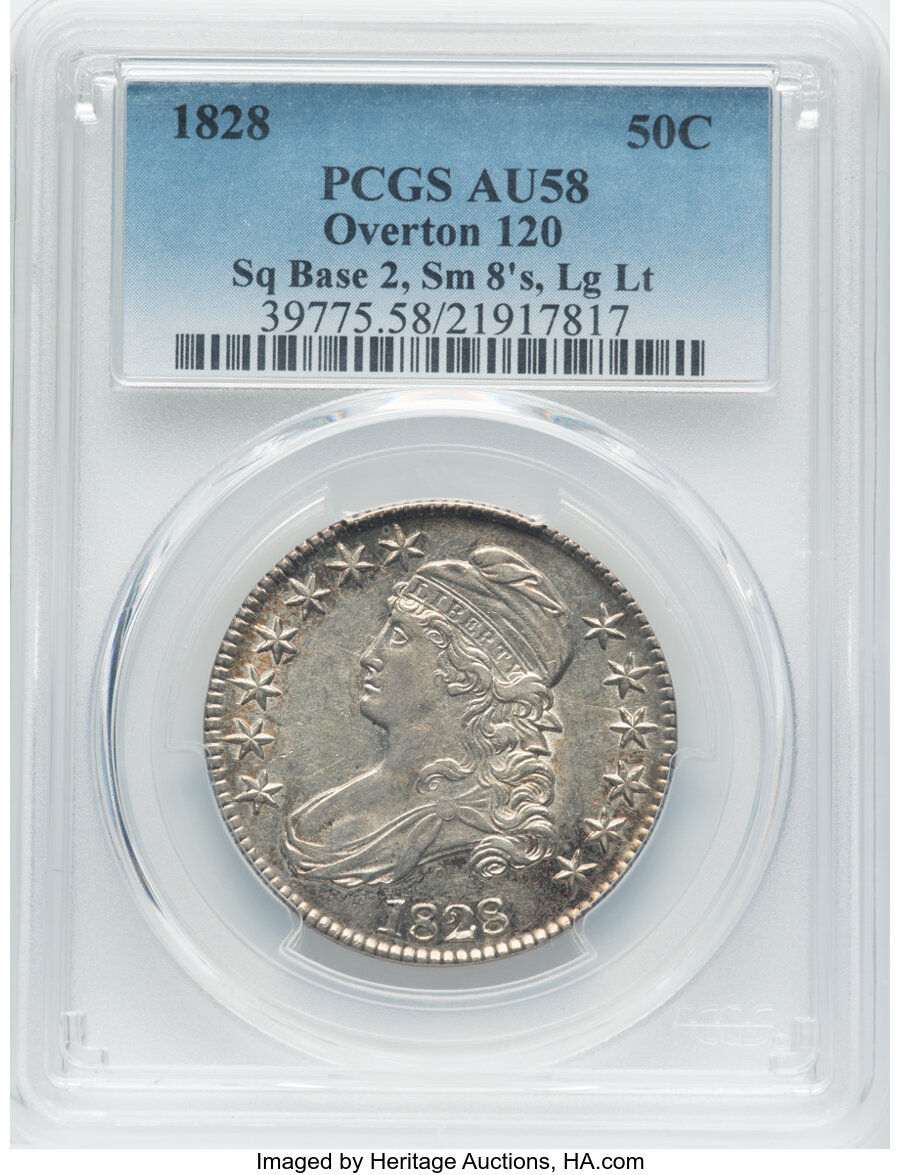 1828 50C Square Base 2, Small 8s, Large Letters, O-120, R.2, AU58 PCGS. PCGS Population: (4/2). NGC Census: (6/2). CDN: $67...