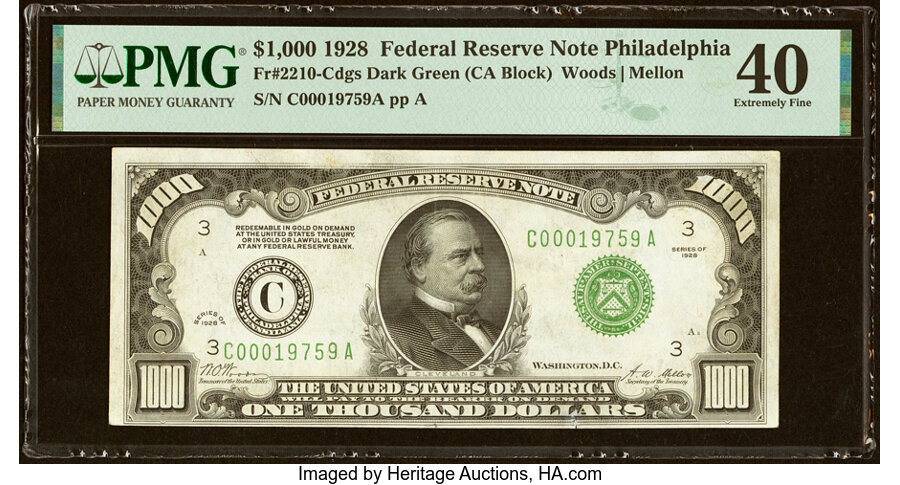 Fr. 2210-C $1,000 1928 Federal Reserve Note. PMG Extremely Fine 40....