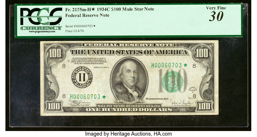 Fr. 2155-H* $100 1934C Mule Federal Reserve Note. PCGS Very Fine 30....