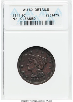 image for: 1844 1C Newcomb-1 -- Cleaned -- ANACS. AU50 Details. Mintage 2,398,752....